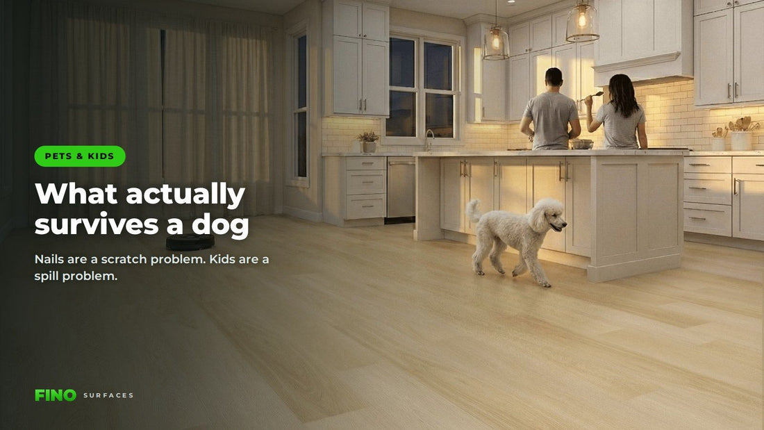 Dog walking across SPC vinyl plank flooring in a family kitchen