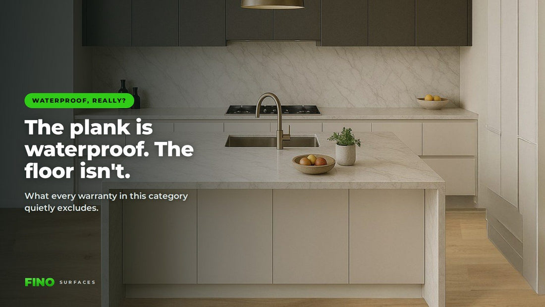 Modern kitchen with marble island and waterproof SPC vinyl plank flooring