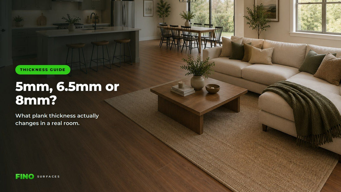 Open-plan living, dining and kitchen with light oak SPC vinyl plank flooring