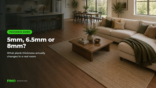Open-plan living, dining and kitchen with light oak SPC vinyl plank flooring