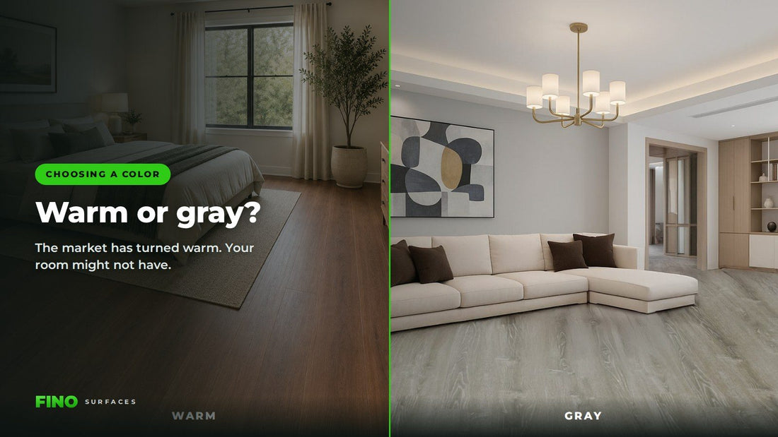 Warm walnut bedroom floor beside a cool gray living room floor, shown side by side