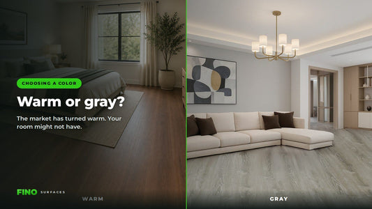 Warm walnut bedroom floor beside a cool gray living room floor, shown side by side