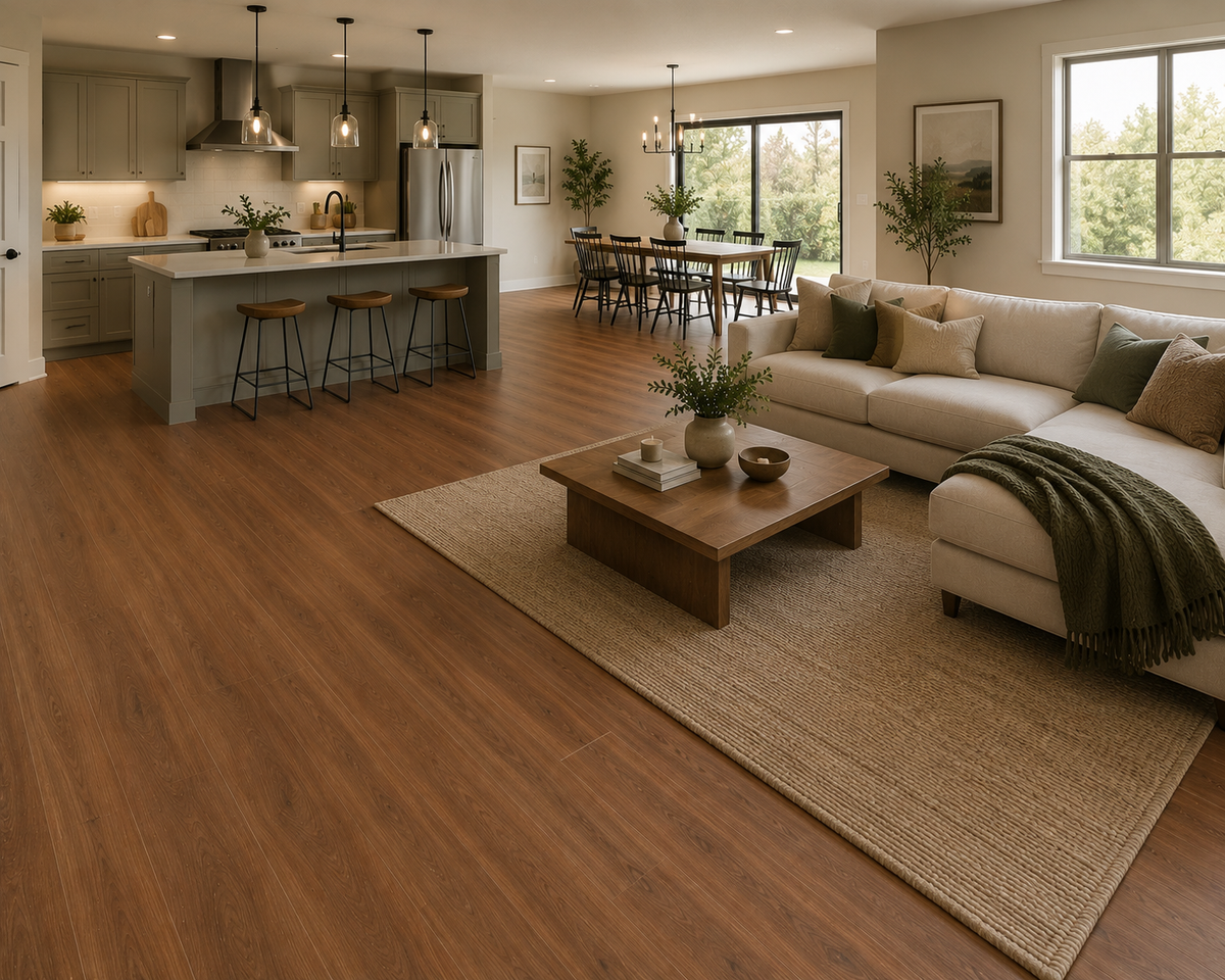 FINO SPC vinyl plank flooring in an open-plan living room and kitchen