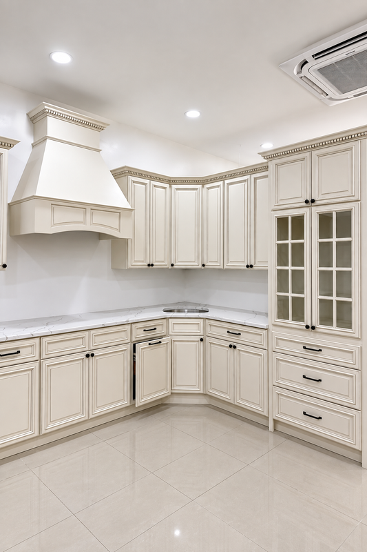 Pearl White shaker kitchen cabinets with glass-door pantry, range hood and crown molding – Fino Surfaces
